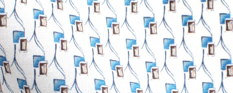 White/Blue/Tan Abstract Print Broadcloth